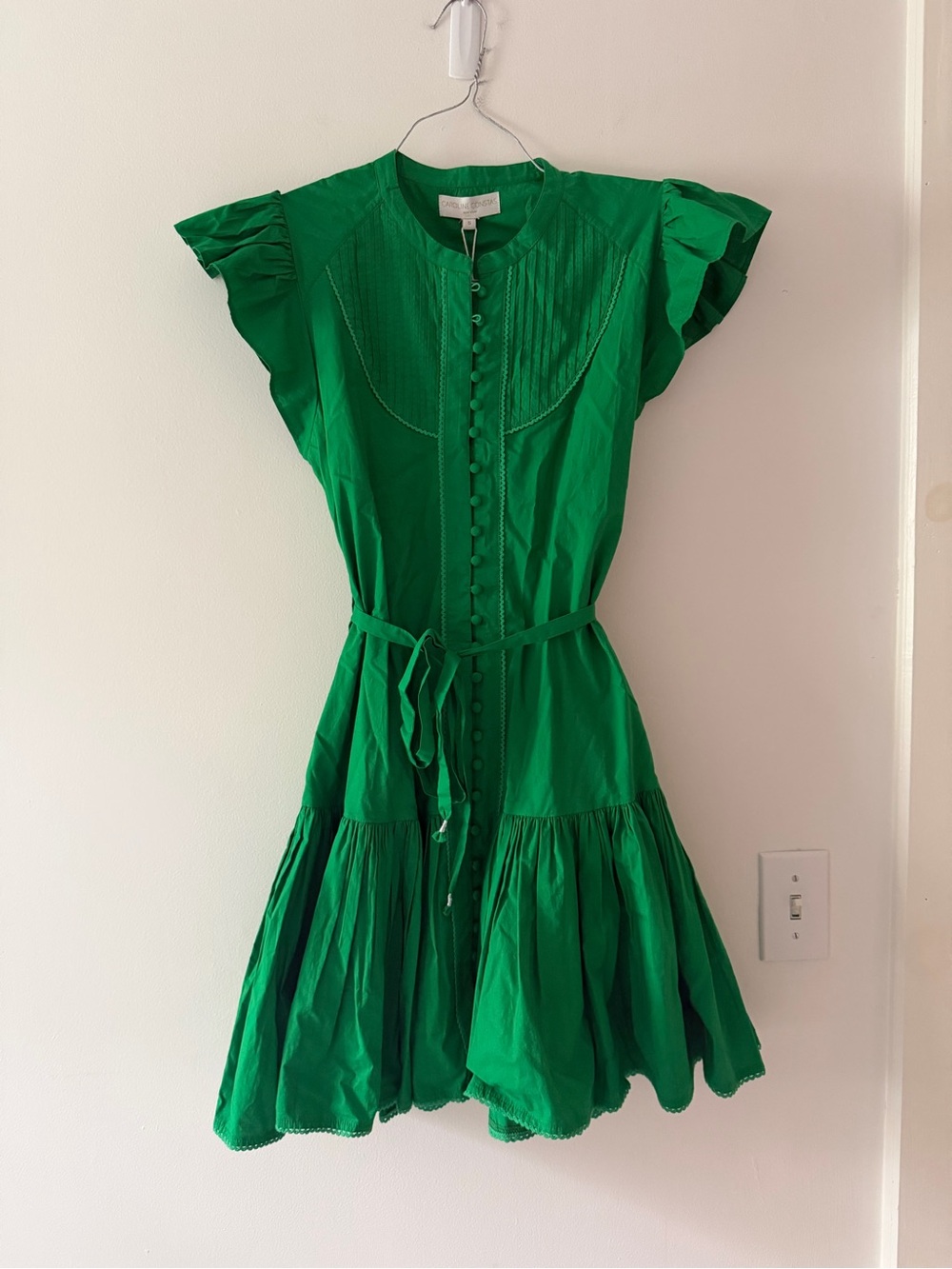 NWT Caroline Constas Pintuck Button Front Dress in Emerald Green Size Small